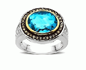 Swiss Blue Topaz and 1/4ct Champagne Diamond Ring in 14K Gold and Sterling Silver 